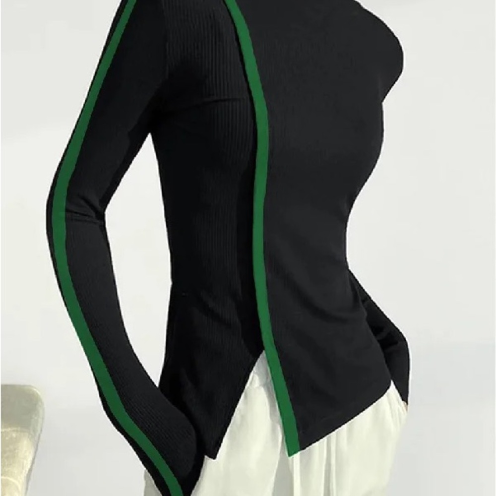 Black and Green Asymmetrical Long Sleeve Blouse
